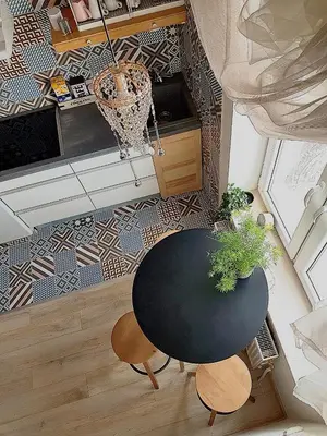 an overhead view of a table and chairs in a room at Dp Art 14 OLD TOWN Self check in in Kaunas
