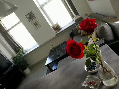 a living room with a table with roses in a vase at Vilnius apartment with stained glass in Vilnius