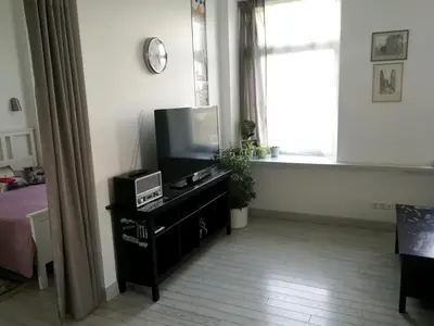 a living room with a television and a window at Vilnius apartment with stained glass in Vilnius