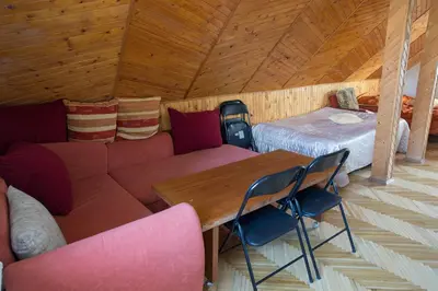 a room with a couch and a table and a bed at Svečiuose pas Aldoną in Druskininkai