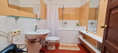 a bathroom with a sink and a toilet and a tub at Regina House- sv. Mikalojaus 13 in Vilnius