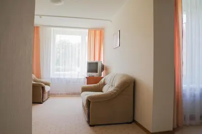 a living room with a chair and a television at Visagino parkas in Visaginas