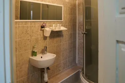 a bathroom with a sink and a shower at Apartamentai Birštono centre su židiniu in Birštonas
