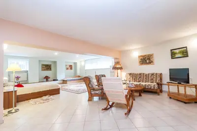 a large living room with a bed and a television at House Marija in Vilnius