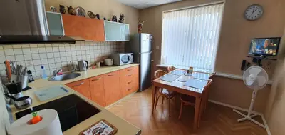 a small kitchen with a refrigerator and a table at ApartHotel SAVAS 2 Apartments in Kaunas and parking in Kaunas