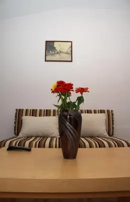 a vase with red flowers on a table in front of a couch at Litrada Apartments in Šiauliai
