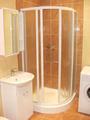 a shower in a bathroom with a sink and a toilet at Litrada Apartments in Šiauliai