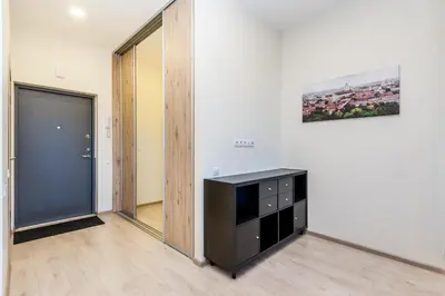a room with a black cabinet and a mirror at Apartamentai 