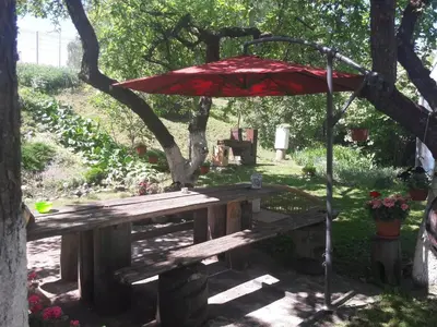 a picnic table with a red umbrella in a garden at Aleks in Zarasai
