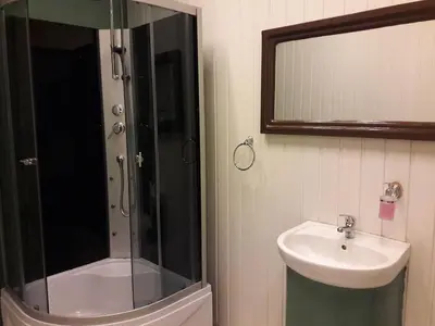 a bathroom with a shower and a sink and a mirror at Aleks in Zarasai