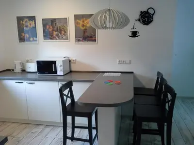 a kitchen with a table and chairs and a microwave at Lima Studio in Druskininkai