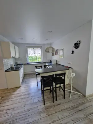 a kitchen with a table and chairs in a room at Lima Studio in Druskininkai