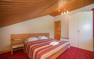 a bedroom with a bed and a wooden ceiling at Idilė Bed & Breakfast - Visaginas in Visaginas