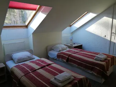 two beds in a room with two windows at Idilė Bed & Breakfast - Visaginas in Visaginas