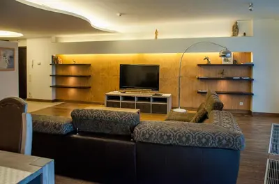 a living room with a couch and a flat screen tv at Natalex Europe in Vilnius