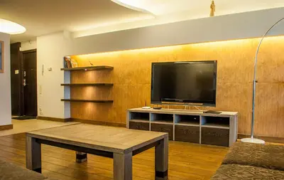 a living room with a flat screen tv on a wall at Natalex Europe in Vilnius