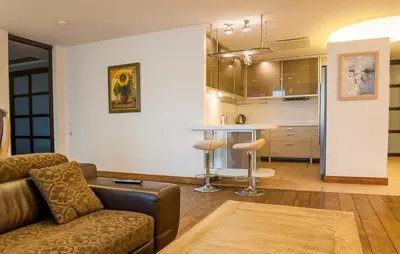 a living room with a couch and a kitchen at Natalex Europe in Vilnius