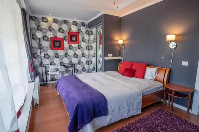 a bedroom with a bed with red pillows at Alpetri Apartments in Kaunas