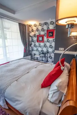 a bedroom with a large bed with red pillows on it at Alpetri Apartments in Kaunas