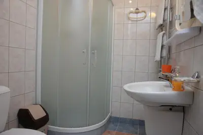 a bathroom with a shower and a sink at Guest House Linas in Alytus
