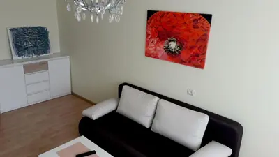a living room with a couch and a painting on the wall at Gražinos apartamentai in Panevėžys