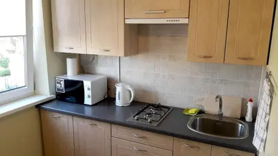 a kitchen counter with a sink and a microwave at Gražinos apartamentai in Panevėžys