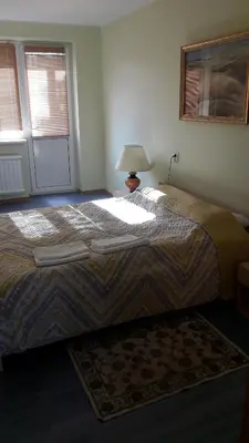 a bedroom with a large bed with a lamp and a window at Gražinos apartamentai in Panevėžys