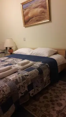 a bedroom with a bed and a picture on the wall at Gražinos apartamentai in Panevėžys