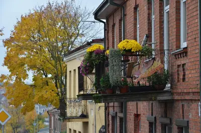 a brick building with potted plants on a balcony at Old Town Apartments in Alytus