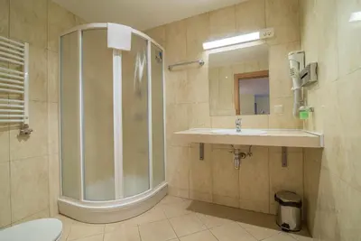a bathroom with a shower and a sink at Guest House Milda in Druskininkai