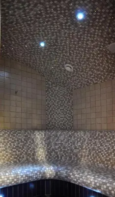 a bathroom with a tile ceiling with lights on it at Broliu Vila in Druskininkai
