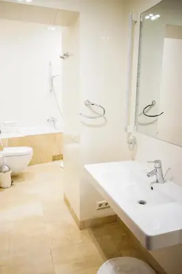a bathroom with a sink and a toilet and a mirror at Guest House Senasis Pastas in Druskininkai
