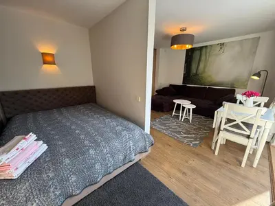 a bedroom with a bed and a living room at Cozy Garden Free parking in Vilnius