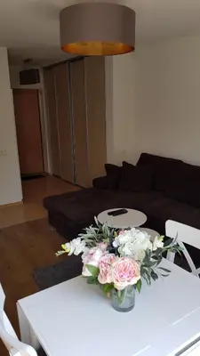 a vase of flowers on a table in a living room at Cozy Garden Free parking in Vilnius
