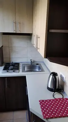 a small kitchen with a sink and a stove at Cozy Garden Free parking in Vilnius