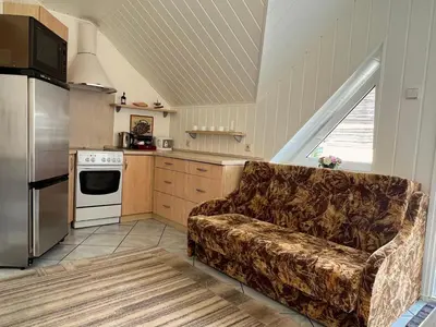 a living room with a couch in a kitchen at Nakvisa in Zarasai