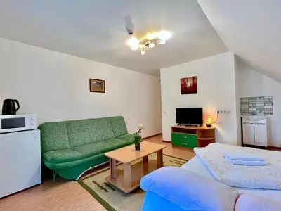 a living room with a green couch and a table at Nakvisa in Zarasai