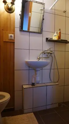 a bathroom with a sink and a mirror on the wall at Salako svečių namai in Salakas