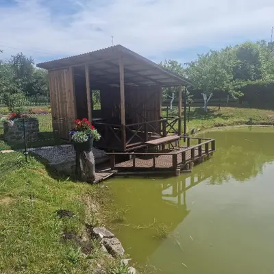 a wooden gazebo in the middle of a pond at Griežto 5 in Zarasai