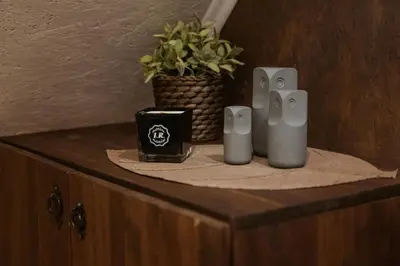 a counter with two white vases and a plant on it at Pirtelė dviem in Kulionys