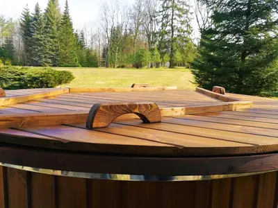 a wooden deck with a wooden snake on it at Aliai in Utena