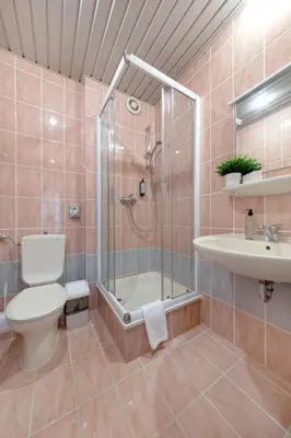 a bathroom with a shower and a toilet and a sink at Butenas Hotel Tyla in Biržai