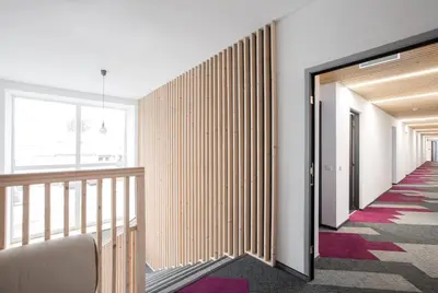 a hallway with wood paneled walls and a hallway with purple carpet at #draugunamai in Druskininkai