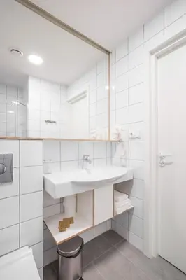 a bathroom with a sink and a mirror at #draugunamai in Druskininkai