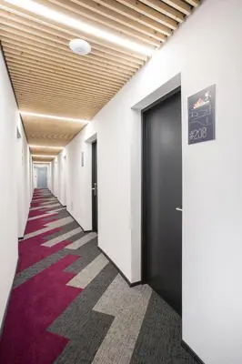 a corridor of an office with black doors and a red carpet at #draugunamai in Druskininkai