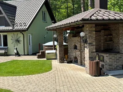a patio with a brick oven and a house at Apartamentai Renata in Druskininkai