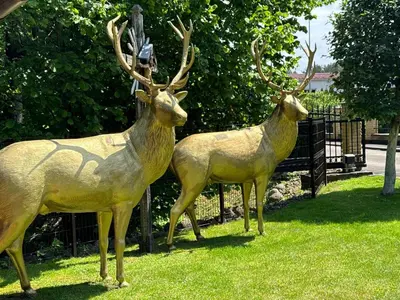 two statues of deer standing in the grass at Apartamentai Renata in Druskininkai