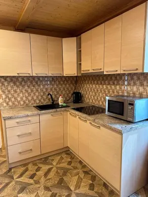 a kitchen with wooden cabinets and a microwave oven at Apartamentai Renata in Druskininkai