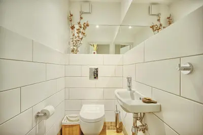 a white bathroom with a sink and a toilet at Penthouse in Druskininkai
