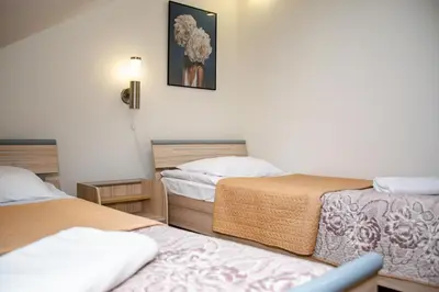 a room with two beds and a picture on the wall at Hotel Pas Katina in Panevėžys